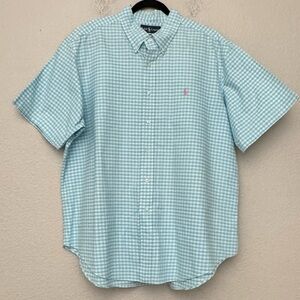Ralph Lauren Shirt XXL Blue White Plaid Check Print Classic Fit Short Sleeve